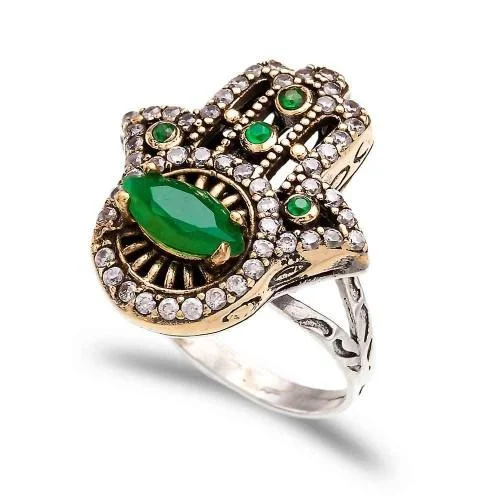 Bridal Engagement Ring Sets-The Jewelled Hamsa Ring - Emerald - Sterling Silver