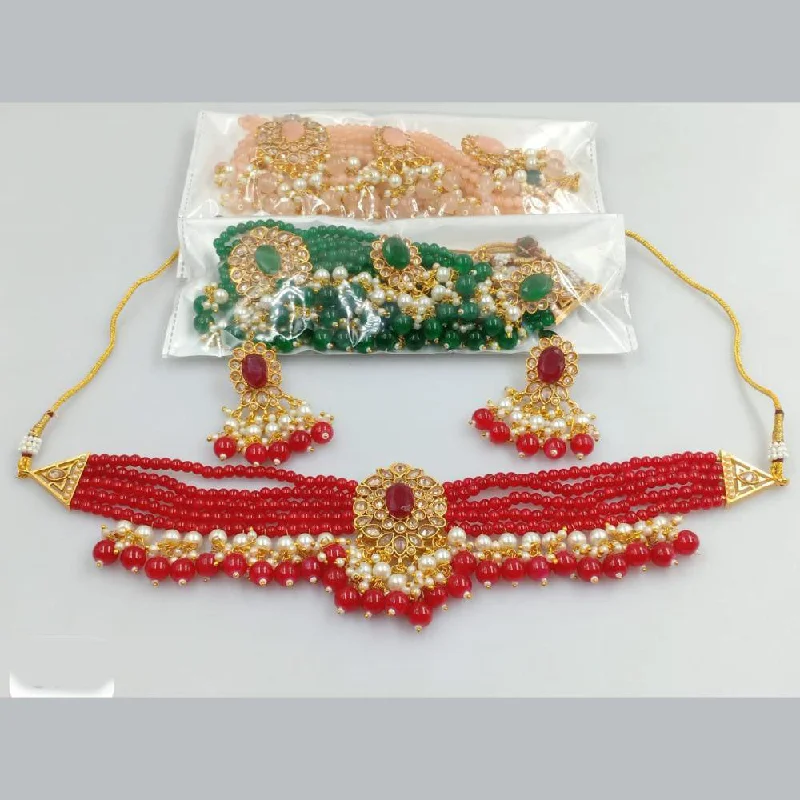 Sterling Silver Necklaces-Rani Sati Jewels Gold Plated Crystal Stone Pota And Pearls Choker Necklace Set