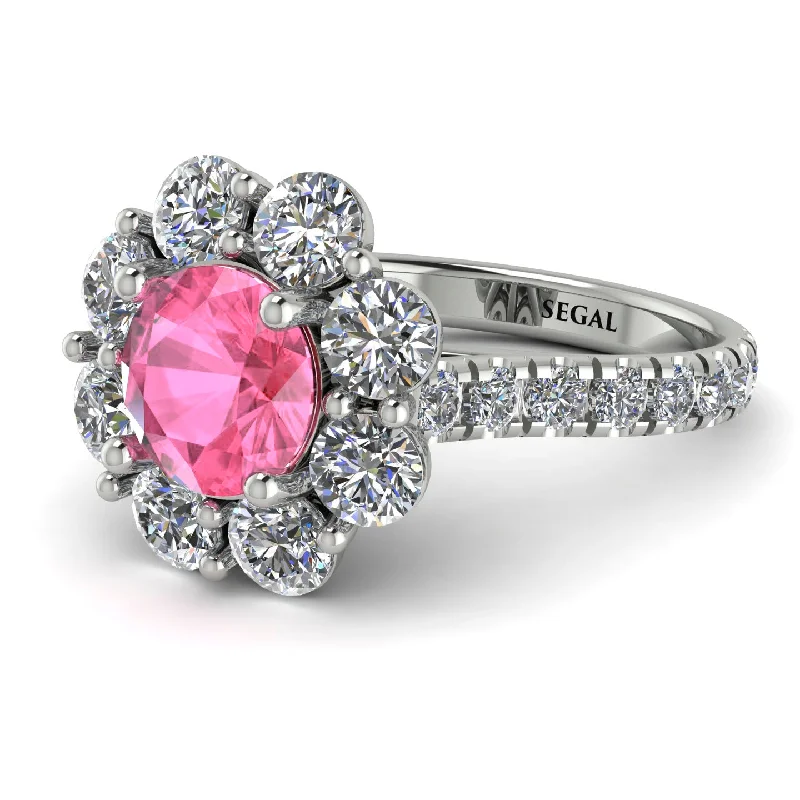 Personalized Gemstone Wedding Rings-Glamorous Pink Moissanite Halo Engagement Ring - Amaya No. 803