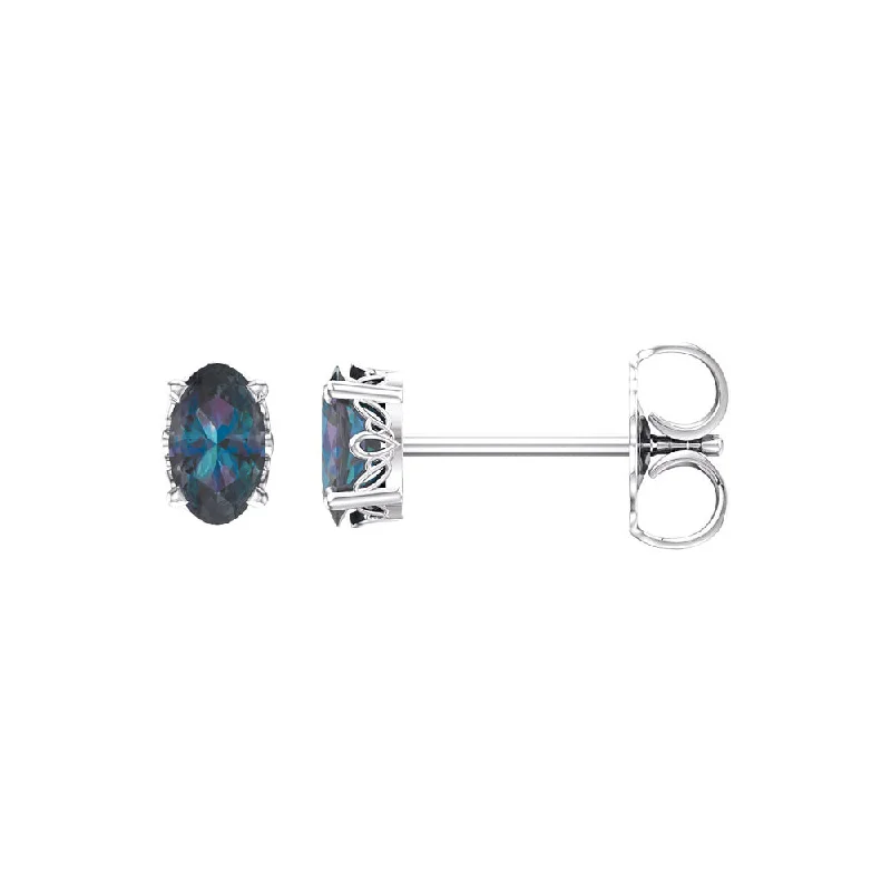 Long Dangle Earrings-Stud Earrings in 14k White Gold with Oval Lab Created Alexandrite