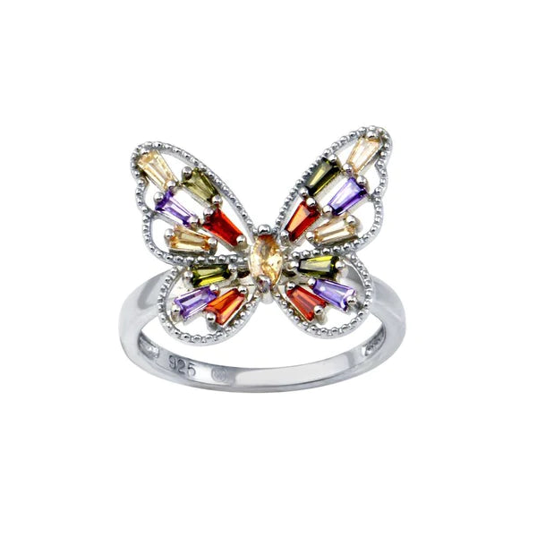 Custom Gold Rings-Silver 925 Rhodium Plated Multi Color Baguette CZ Butterfly Ring