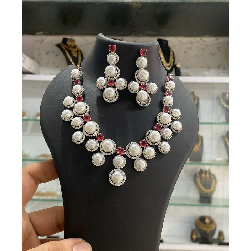 Bohemian Style Necklaces-Akruti Collection Silver Plated AD And Pearl Necklace Set