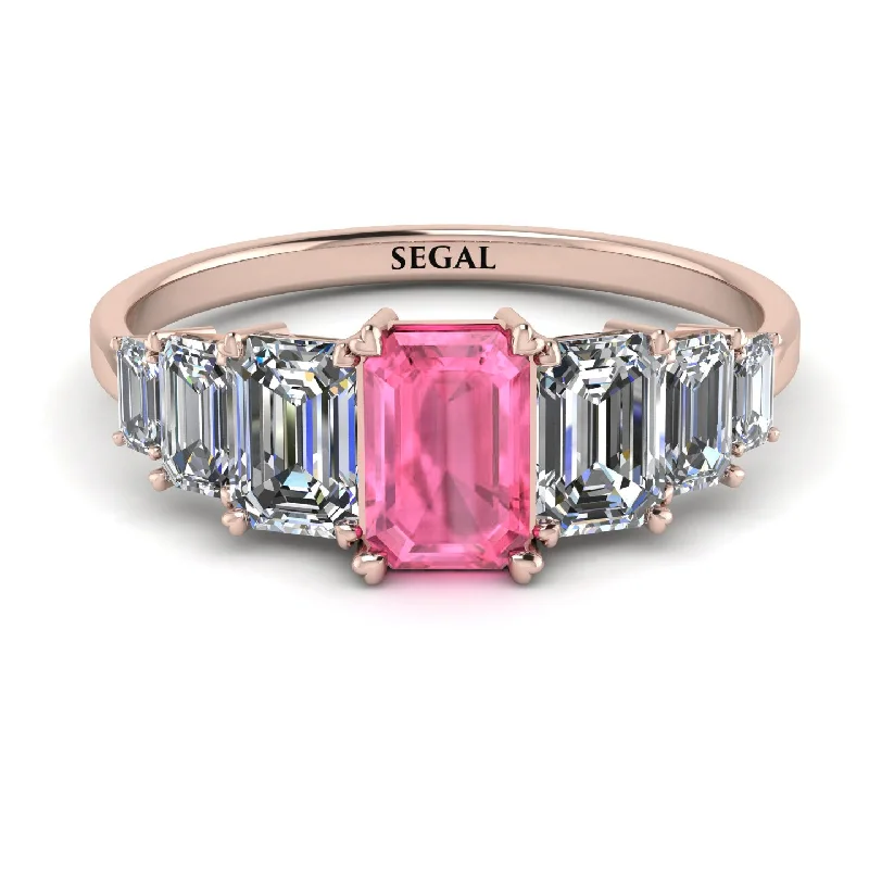 Colored Gemstone Rings-Emerald Cut Pink Moissanite Geometrical Ring - Briella No. 802