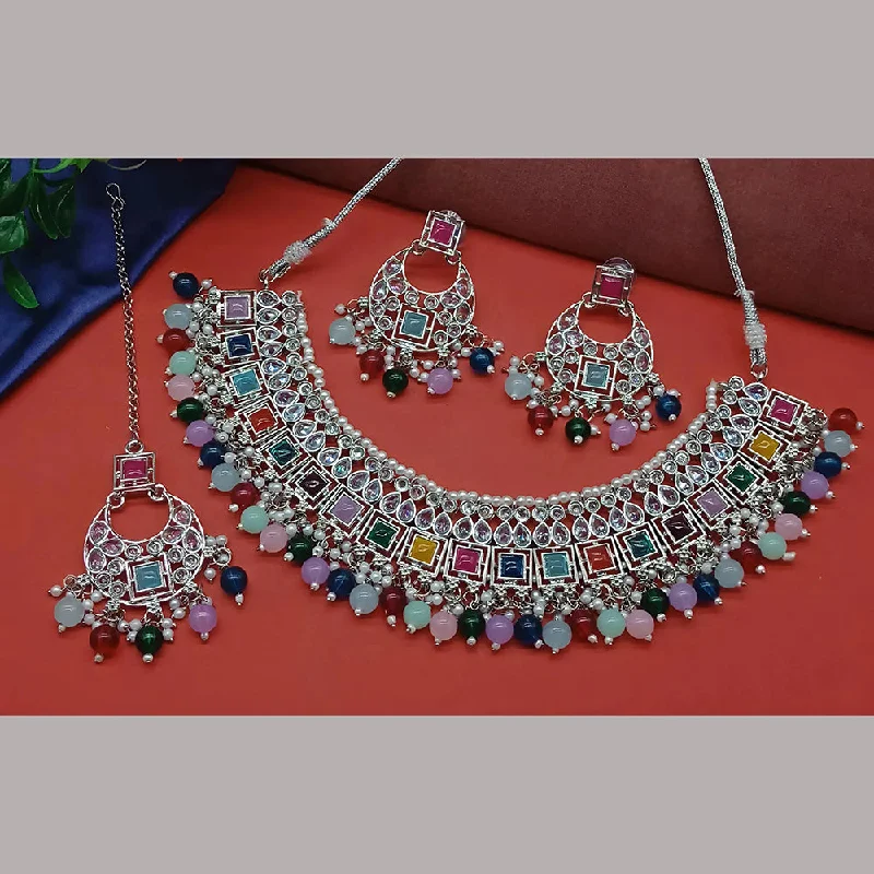 Bold Gold Necklaces-Gehana Mahal Silver Plated Crystal Stone Pearl And Beads Necklace Set