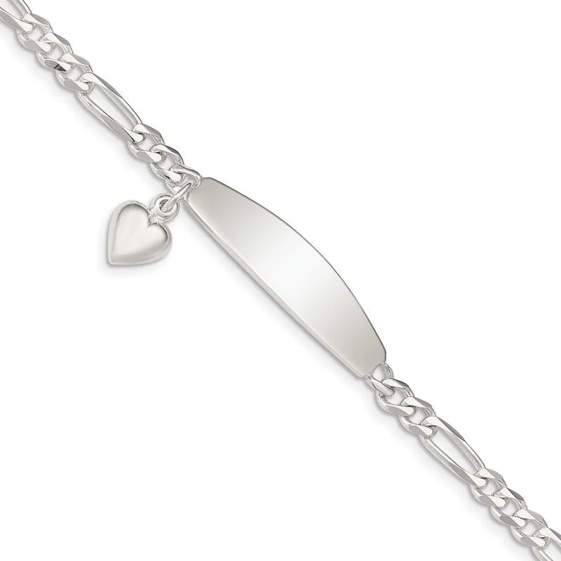 Trendy Name Bracelets-Sterling Silver ID with Heart Figaro Link Bracelet