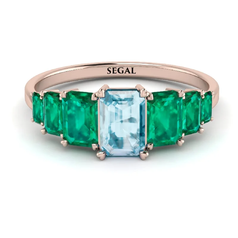 Gold Ring Sets-Emerald Cut Aquamarine Geometrical Ring - Briella No. 405