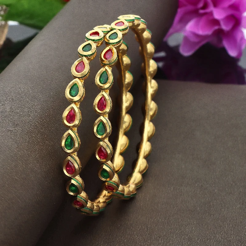 Colorful Bangle Bracelets-Kempu Ruby And Emerald Drop Design Kundan Bangles