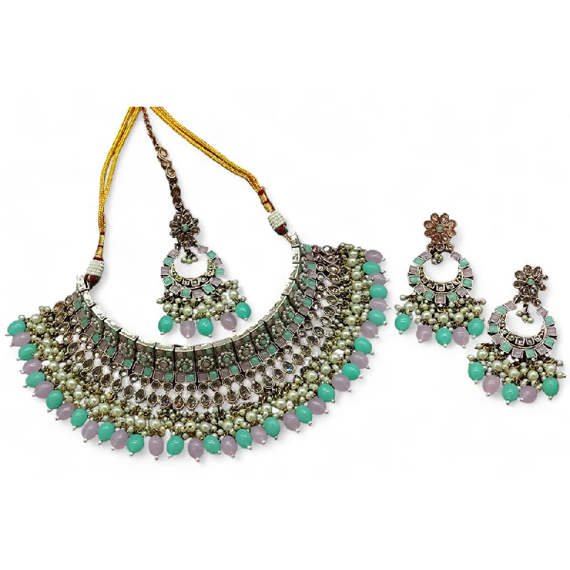 Fashionable Necklaces for Women-Gehana Mahal Gold Plated Crystal Stone Pearl And Beads Necklace Set