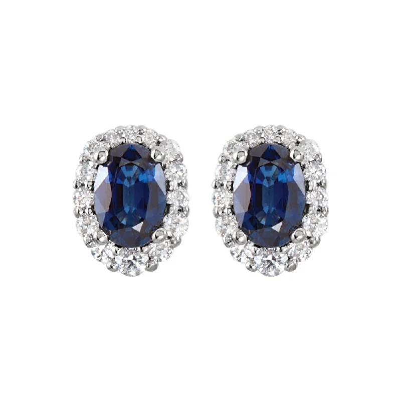 Ethnic Earrings for Women-Oval Blue Sapphire & Diamond Halo Post Earrings in 14k White Gold