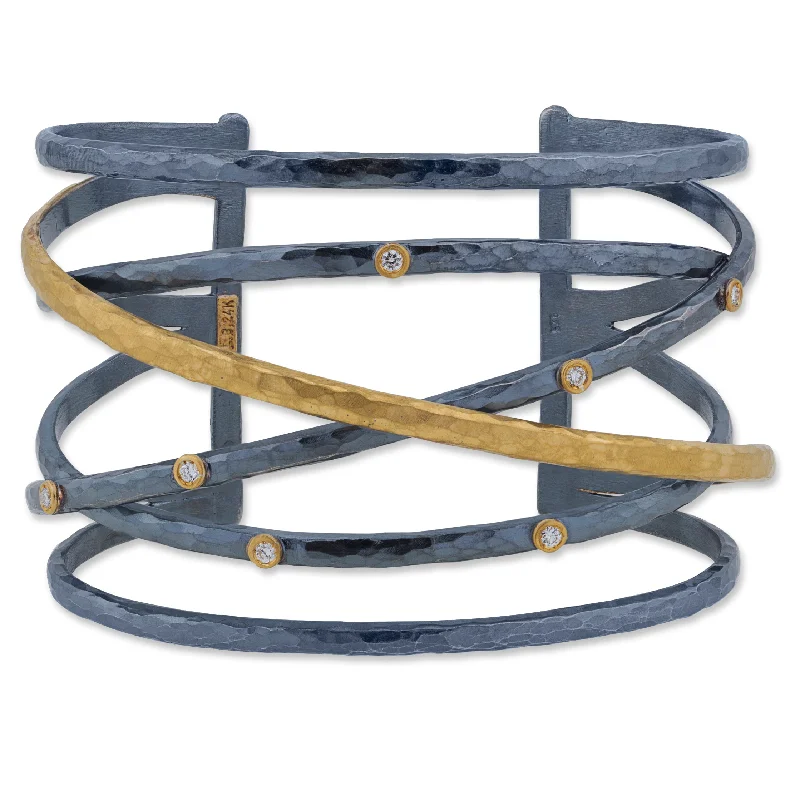 Dainty Gemstone Bracelets-Lika Behar "Stockholm Crosswire" Open Cuff Bracelet Oxidized Silver & 24K Gold with Diamonds