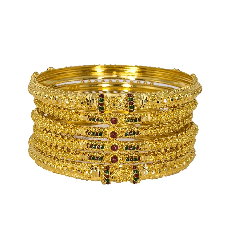 Traditional Wedding Bangle Sets-22K Yellow Gold Bangles Set of 6 W/ Enamel Hand Paint & Heavy Beaded Filigree, 72.5 gm