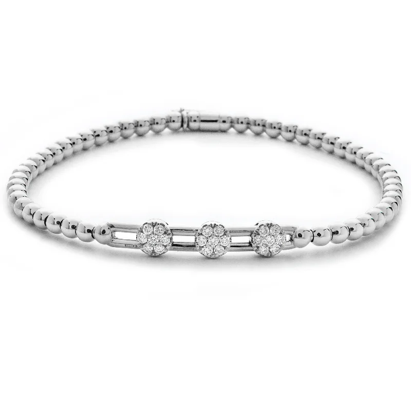 Stylish Adjustable Gemstone Bracelets-Hulchi Belluni Stretch Bracelet with Three Pave Diamond Moveable Stations White Gold