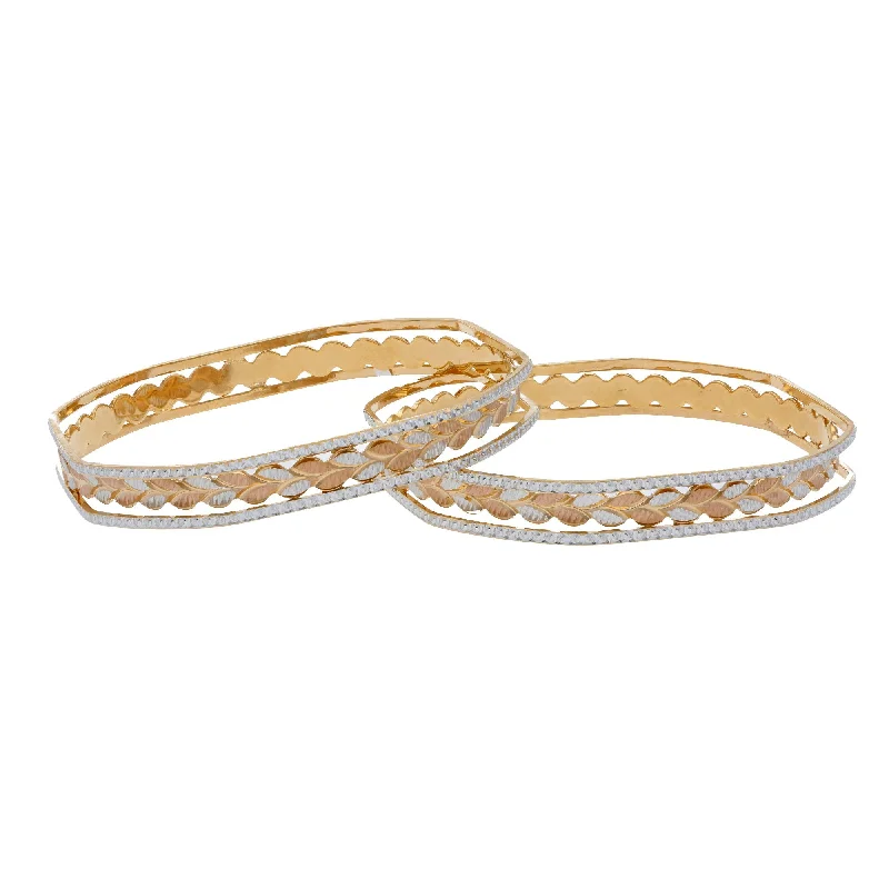 Simple Gold Bangles-22K Multi Tone Gold Laser Bangles Set of 2 W/ Grecian Leaf Design & Open Layered Band