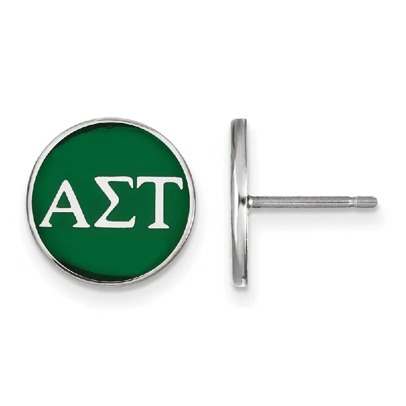 Classic Stud Earrings-Sterling Silver Alpha Sigma Tau Green Enamel Disc Post Earrings