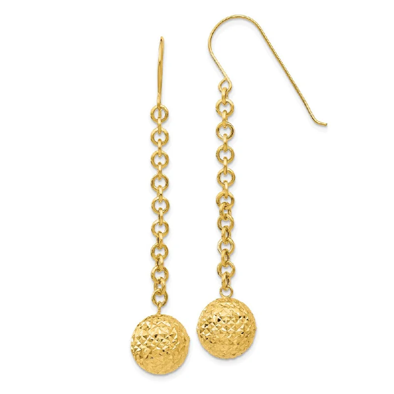 Elegant Silver Earrings-10mm Diamond Cut Bead and Chain Dangle Earrings in 14k Yellow Gold