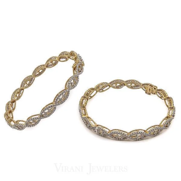 Simple Gemstone Bangles-5.04CT Infinity Diamond Bangles Set in 18K Yellow Gold W/ Clasp Tongue Closure, Set of 2