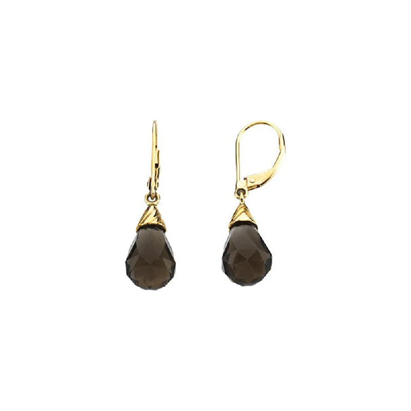 Sparkly Gold Earrings-Briolette Smoky Quartz Lever Back Earrings in 14k Yellow Gold