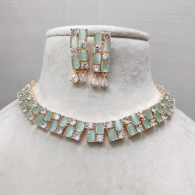 Stylish Pendant Chains-Exotica Collection American Diamond Rose Gold Polished Mint Green Necklace Set