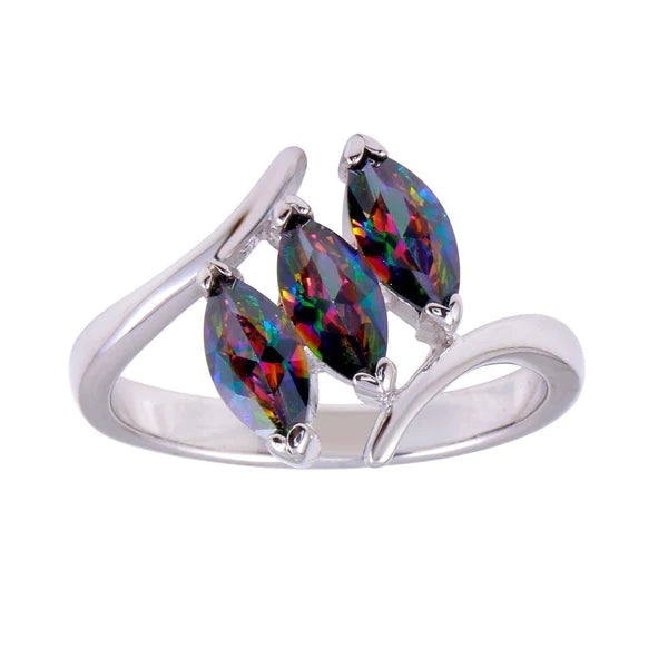 Unique Engagement Rings-Silver 925 Rhodium Plated 3 Oval Mystic Topaz CZ Ring