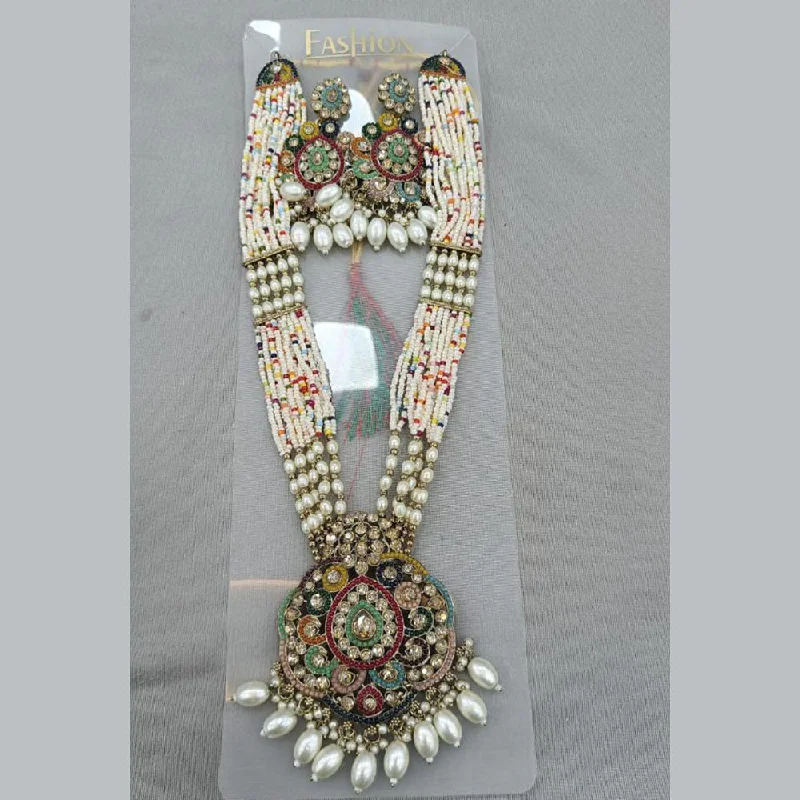 Sparkling Crystal Necklaces-Rani Sati Jewels Gold Plated Crystal Stone And Pearls Long Necklace Set