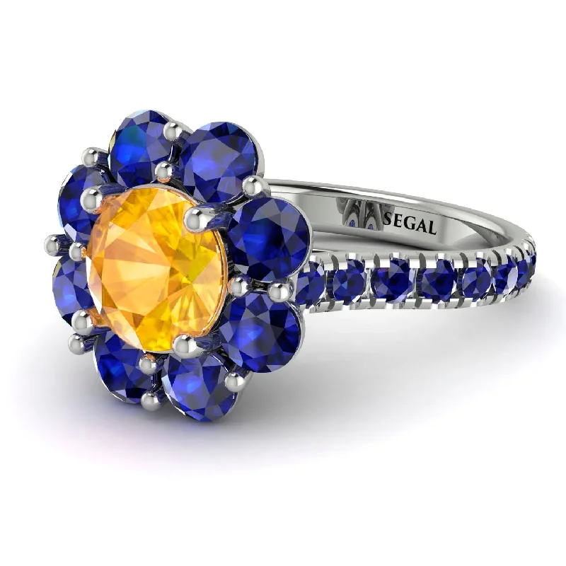 Handcrafted Wedding Bands-Glamorous Yellow Diamond Halo Engagement Ring - Amaya No. 1015