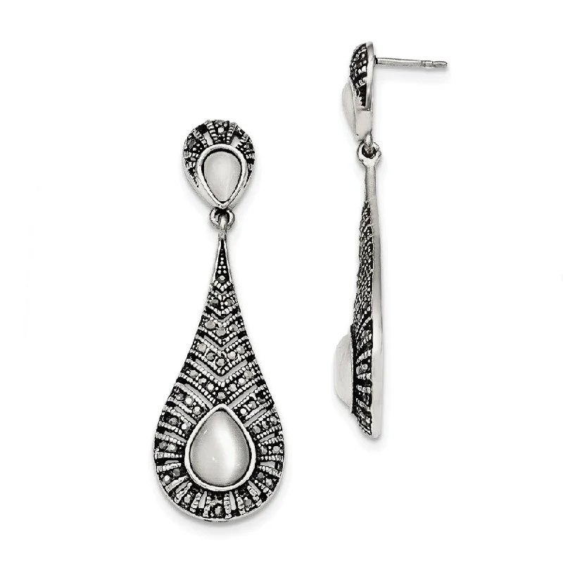 Large Statement Earrings-Marcasite & Cat's Eye Teardrop Post Dangle Earrings in Stainless Steel