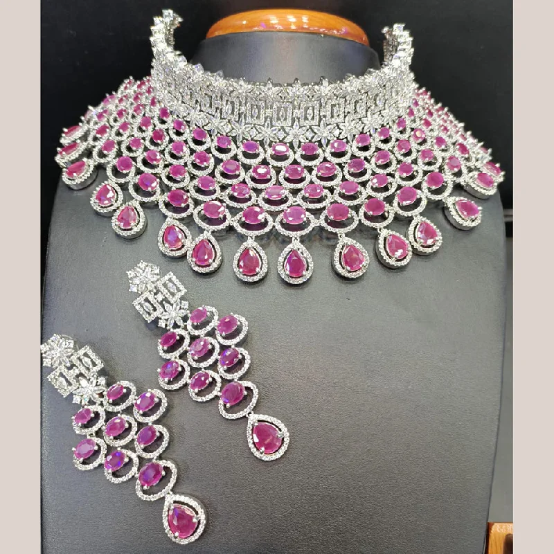 Designer Choker Necklaces-Jain Jewellers Silver Plated AD Stone Choker Necklace Set