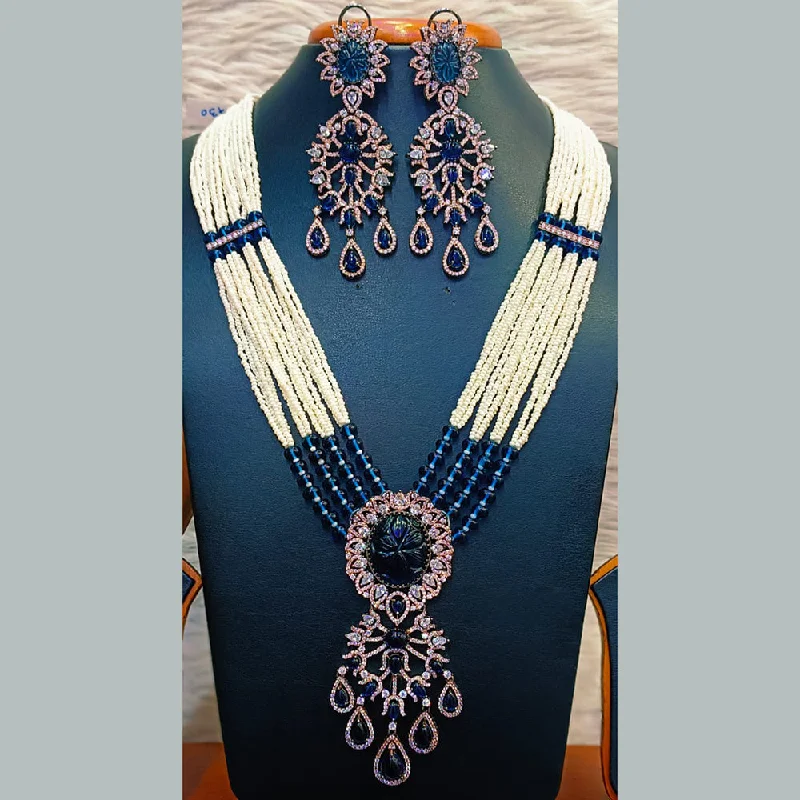 Birthstone Necklaces-Jain Jewellers Silver Plated  AD And Pearl  Long  Necklace Set