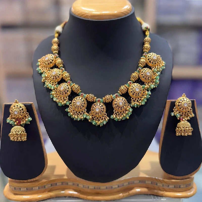 Classic Diamond Necklaces-JCM Gold Plated Pota Stone And Beads Necklace Set