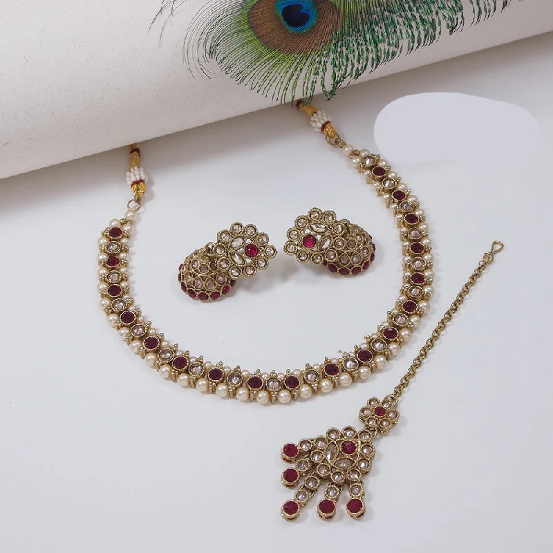 Colorful Gemstone Necklaces-Mangalmani Jewels Gold Plated Crystal Stone Pearl And Beads Necklace Set