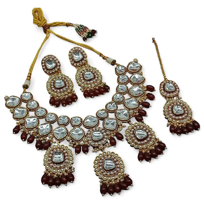 Pearl Necklace for Brides-Gehana Mahal Gold Plated Kundan Crystal Stone And Beads Necklace Set