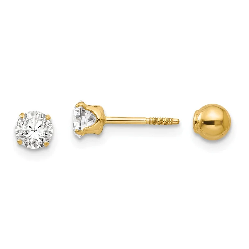 Large Gemstone Earrings-Reversible 4mm Crystal and Ball Screw Back Earrings in 14k Yellow Gold