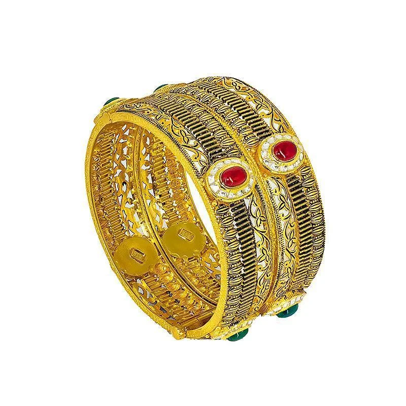 Handcrafted Silver Bangles-22K yellow Gold antique Bangles set w/ cubic zirconium, ruby, and emerald stones