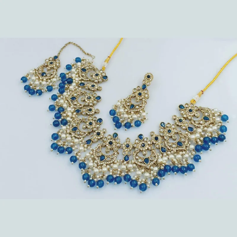 Beautiful Sapphire Necklaces-Rani Sati Jewels Gold Plated Crystal and Pearl Necklace Set