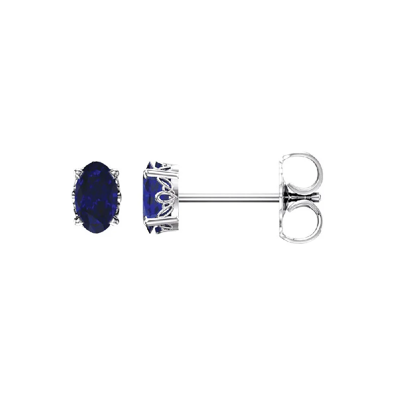 Handmade Gemstone Earrings-14k White Gold Stud Earrings with Oval Lab Created Blue Sapphire