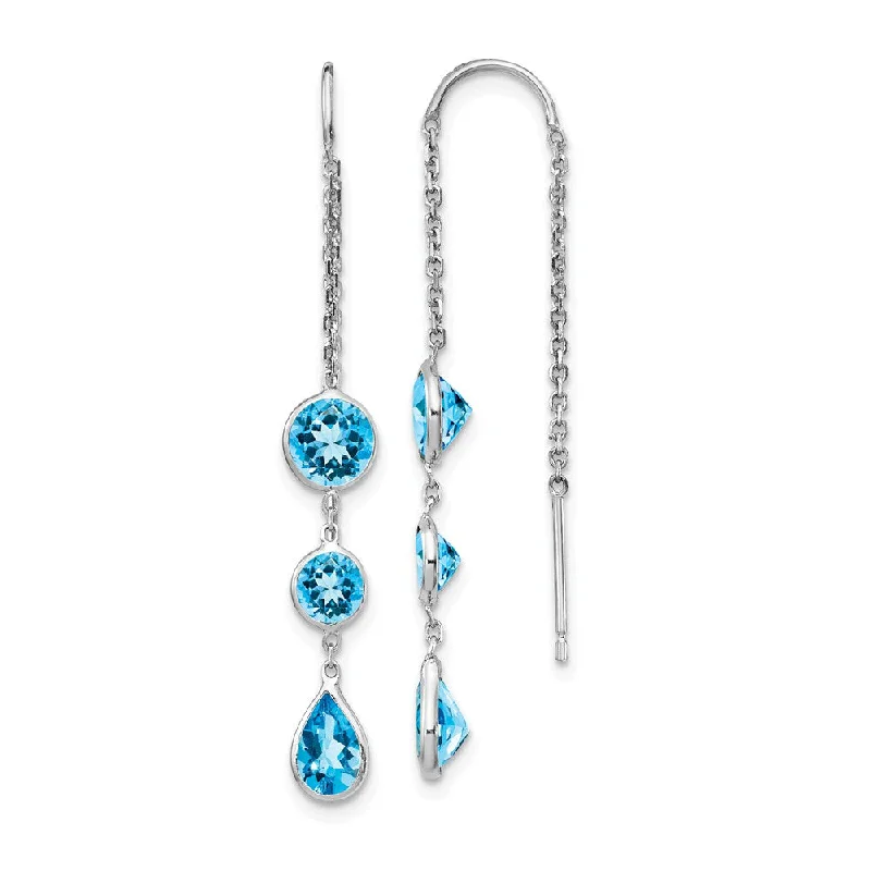 Big Earrings for Women-5x 45mm 14k White Gold Blue Topaz Pear & Round Bezel Threader Earrings