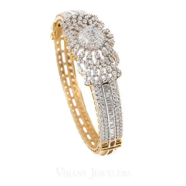 Custom Wedding Bangle Bracelets-4.39CT Diamond Bangle Cuff Set in 18K Yellow Gold W/ Centered Floral Frame