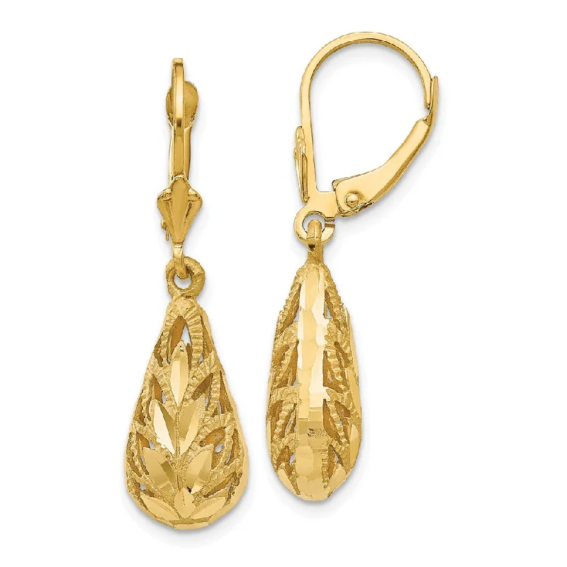 Gold Stud Earrings-Teardrop Foliage Dangle Lever Back Earrings in 14k Yellow Gold