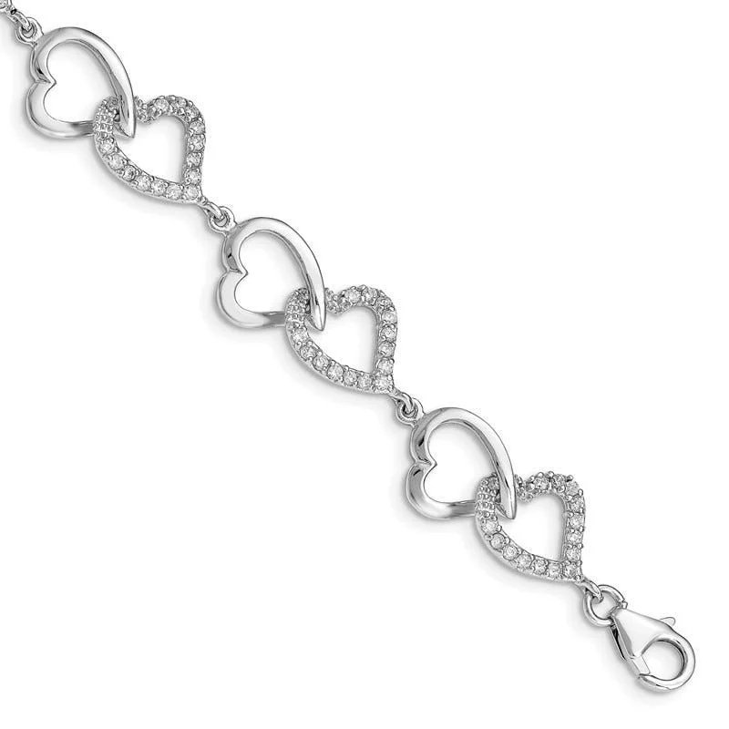 Personalized Charm Bangle Bracelets-Sterling Silver Rhodium-plated CZ Heart Bracelet