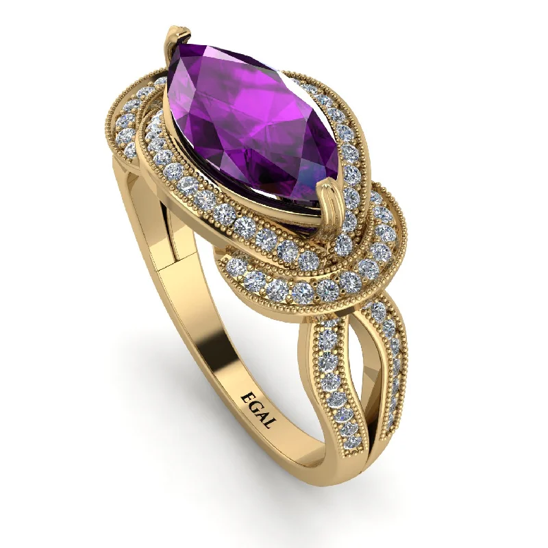 Unique Wedding Bands-Milgrain Marquise Amethyst Engagement Ring - Marley No. 301