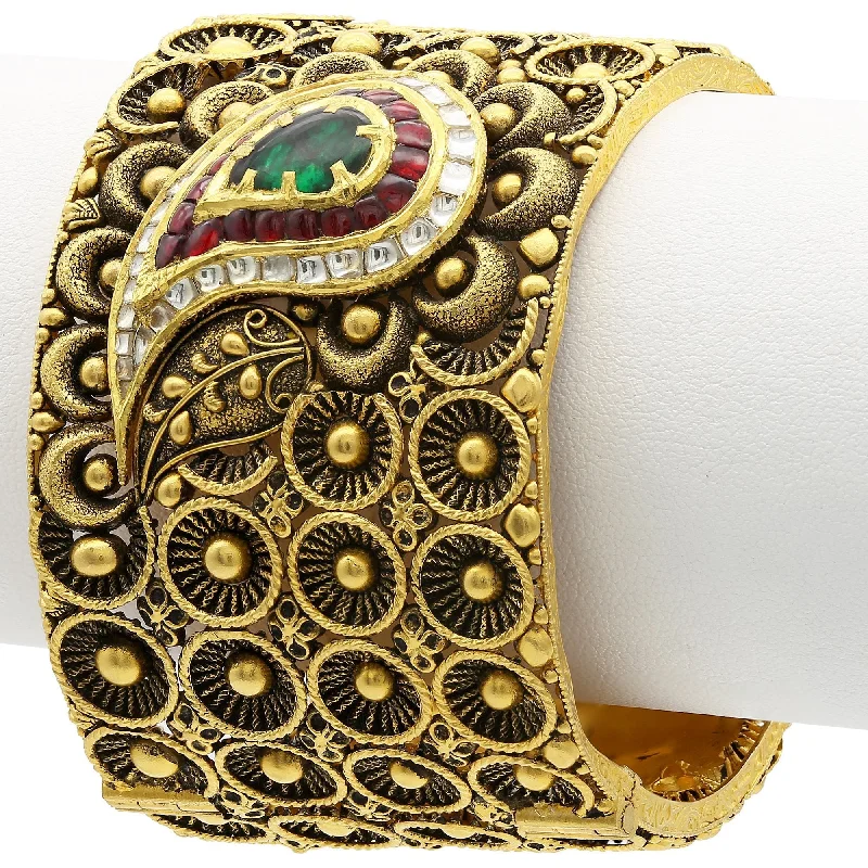 Luxury Gemstone Wedding Bangles-22K Gold Ruby Emerald Kundan Bangle