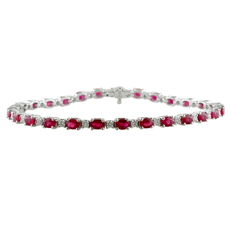 Personalized Bracelets for Bridesmaids-Ruby & Diamond Tennis Bracelet 18K White Gold 7 Carats