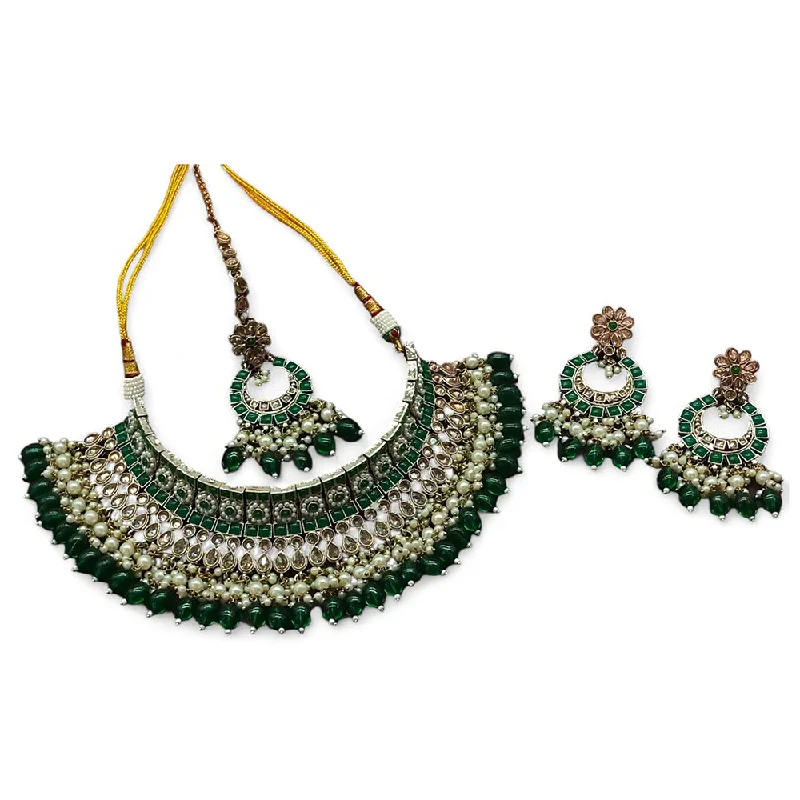 Layered Chain Necklaces-Gehana Mahal Gold Plated Crystal Stone Pearl And Beads Necklace Set