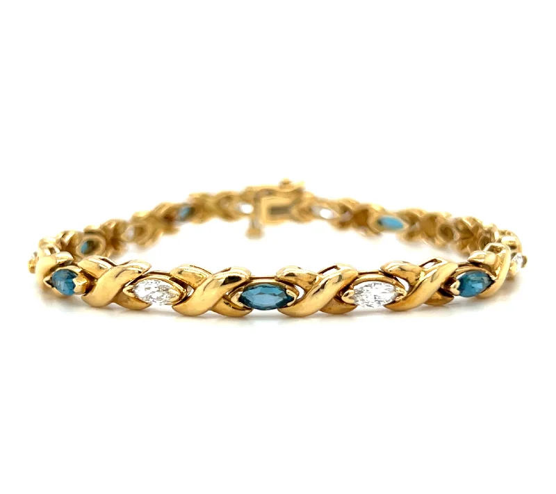 Unique Gold Bracelets-Pre-Owned 18k Yellow Gold Marquise London Blue Topaz & Diamond X Link Bracelet