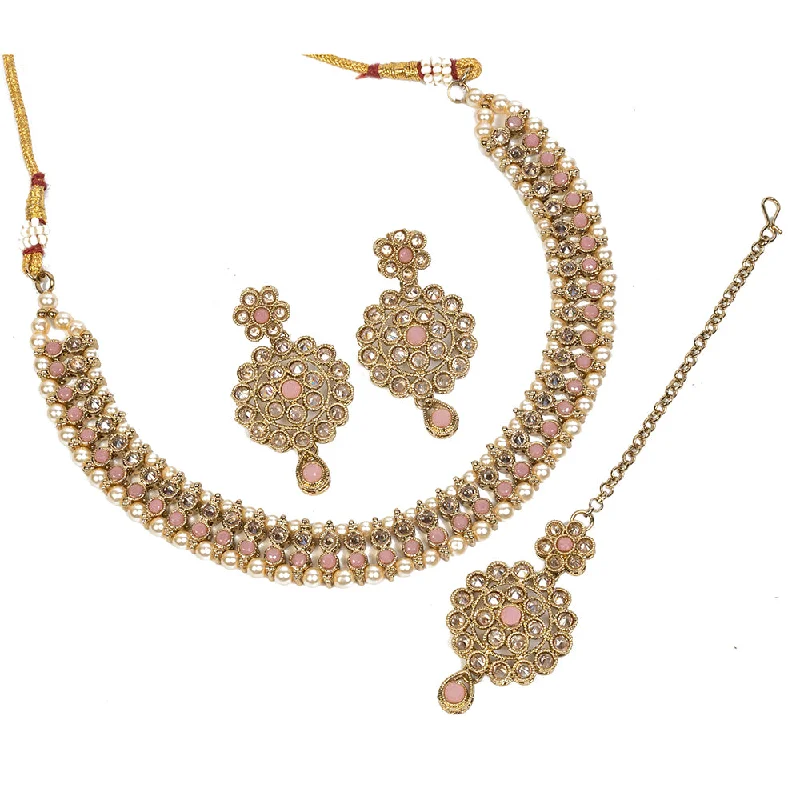 Personalized Pendant Necklaces-Mangalmani Jewels Gold Plated Crystal Stone Pearl And Beads Necklace Set