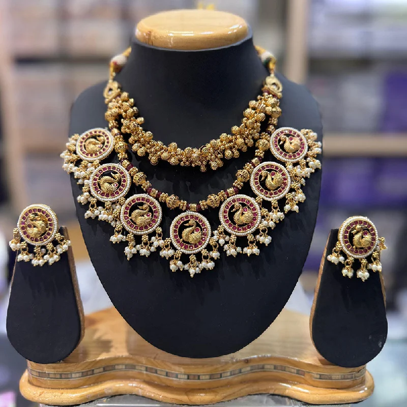 Bold Gold Necklaces-JCM Gold Plated Pota Stone And Pearls Peacock Necklace Set