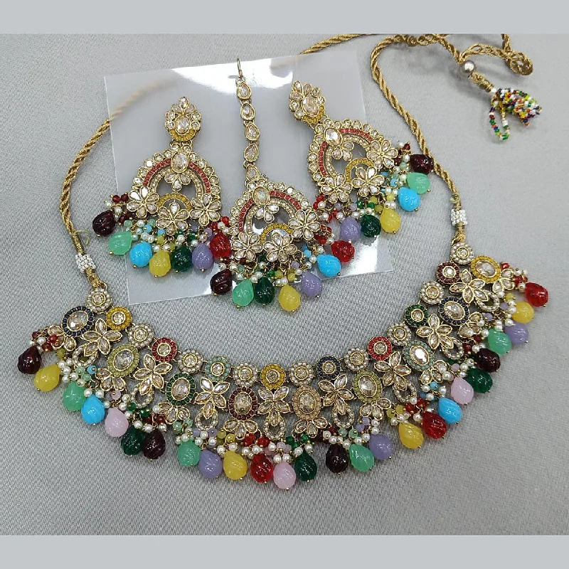 Long Gold Chain Necklaces-Rani Sati Jewels Gold Plated Crystal and Pearl Necklace Set