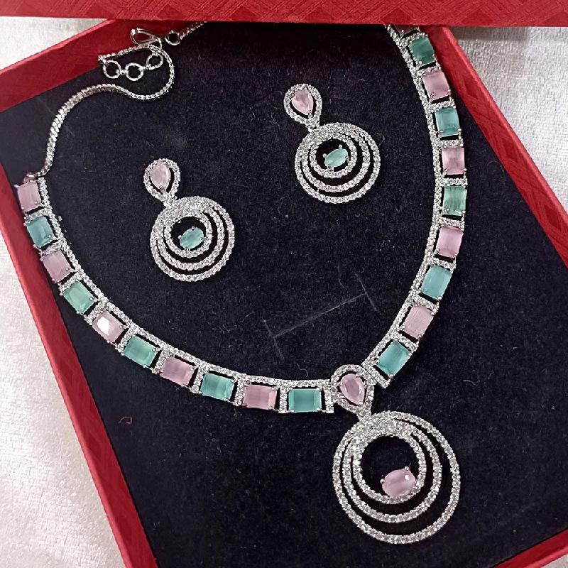 Beautiful Silver Necklace Chains-Exotica Collection American Diamond Pink And Mint Green Necklace Set