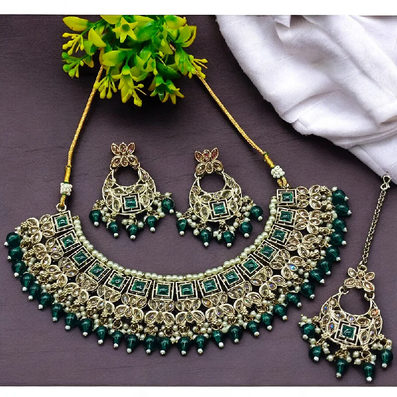 Designer Pendant Necklaces-Gehana Mahal Gold Plated Crystal Stone Pearl And Beads Necklace Set