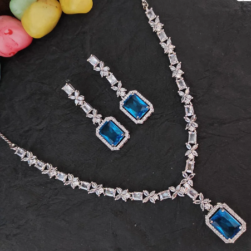 Layered Chain Necklaces-Heera Jewellers Silver Plated AD Necklace Set